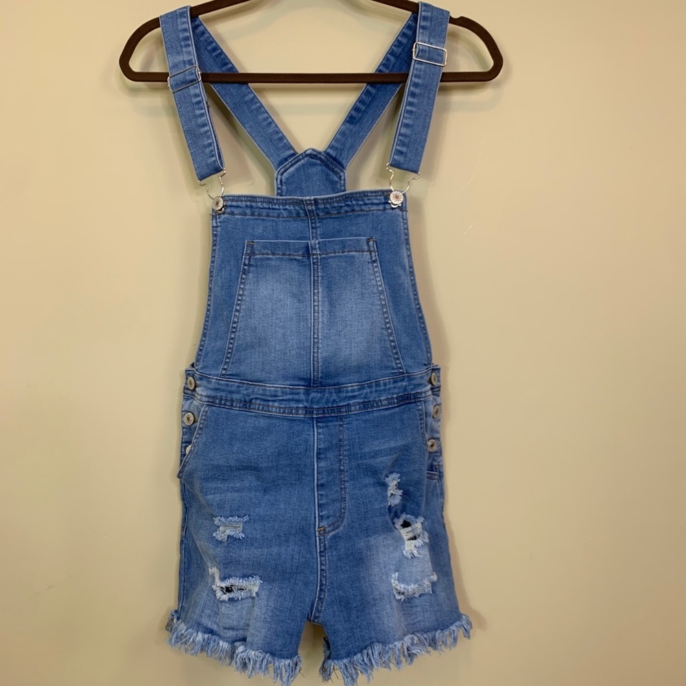 Blue Frayed Raw Hem Denim Bib Shorts Overall
